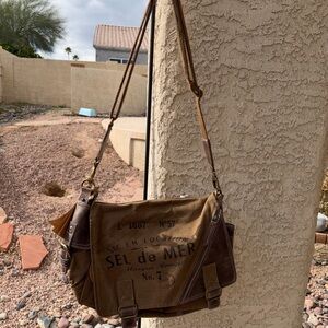 New Vintage Crafts Sel De Mer Upcycled Tote Bag Canvas Leather Bottle Pocket Vs9